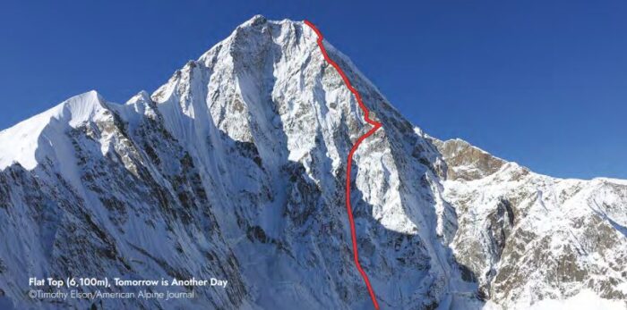 Route marked in red up a spur on Flat Top, Indian Himalaya