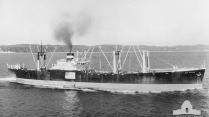 a black and white photo of an american cargo vessel from the 1940s