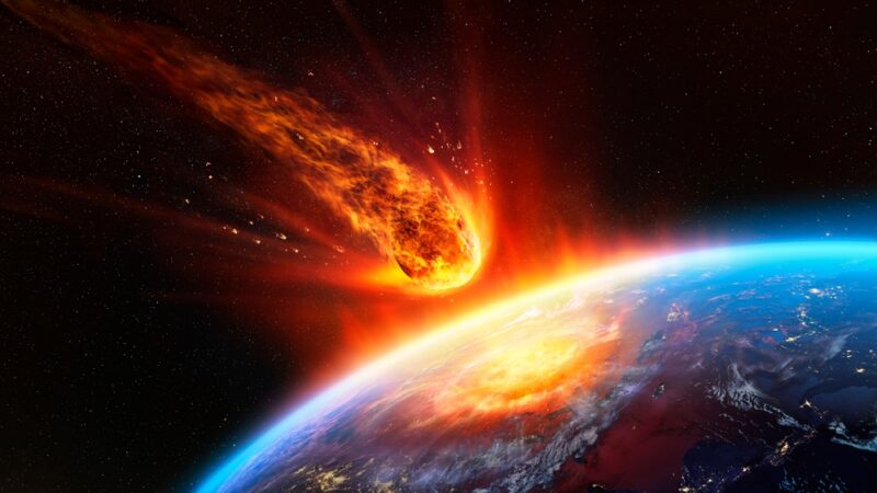 illustration of a fiery asteroid hitting the Earth