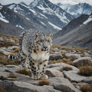 snow leopard walks toward the camera