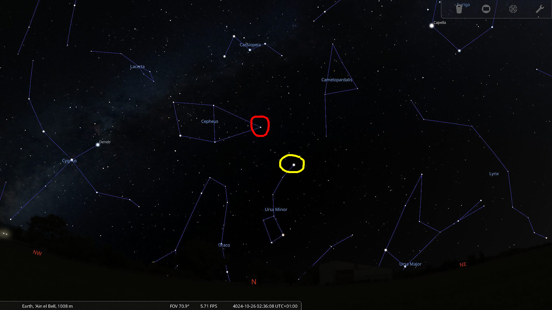 Circumpolar constellations in the night sky. Errai is at the pole instead of Polaris.