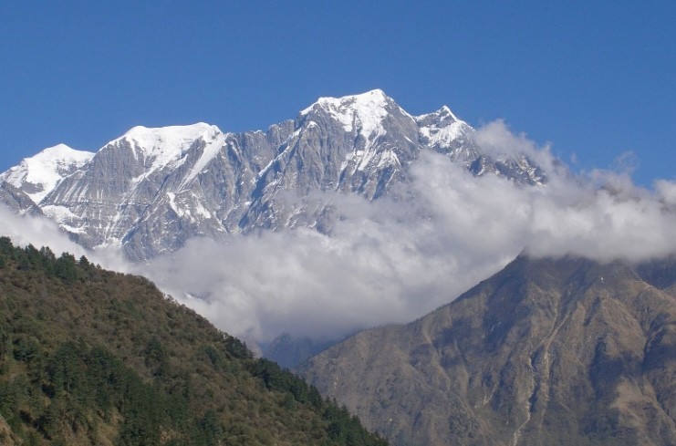 Nilgiri North on the far left, Nilgiri Central and Nilgiri South in the center of the picture. Taken from Lete, a village in the Kali Gandaki valley. 