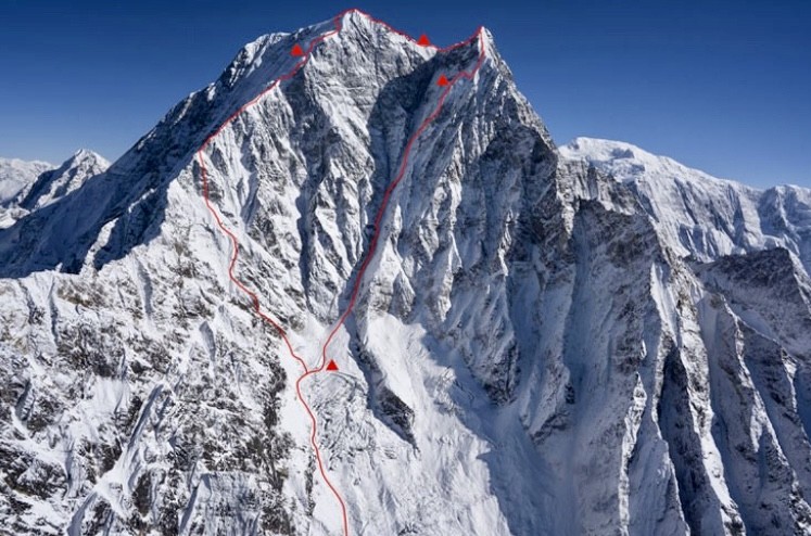 The ascent and descent route on the south face of Nilgiri South by Hansjorg Auer, Gerhard Fiegl, and Alexander Blumel in 2015.