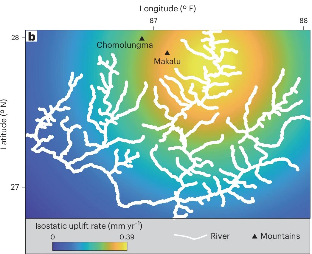 A simulation of the Kosi river system showing heavier shading around Makalu.