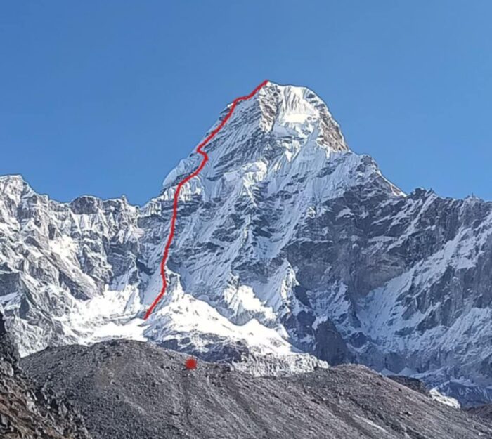 A route marked in red on a photo of the west face of Ama Dablam