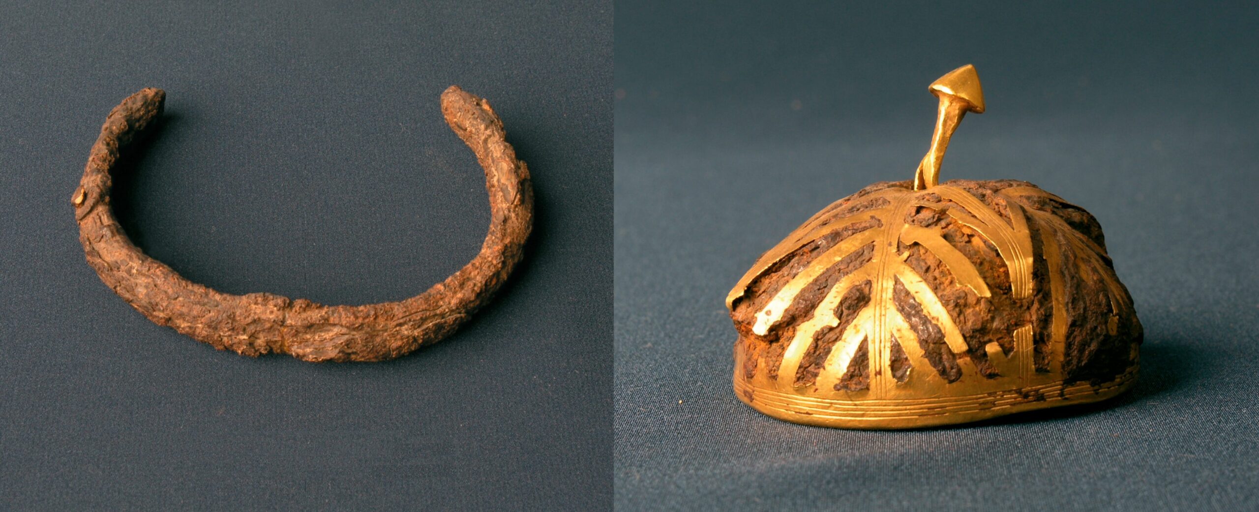 A corroded iron bracelet and a gold decorated iron hemisphere.