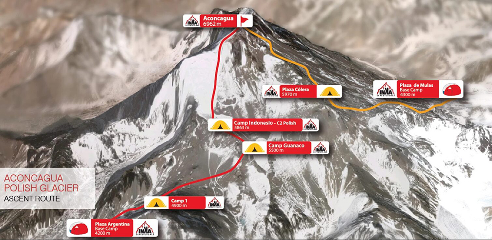 The routes with the camps marked, on a 3D graph of Aconcagua