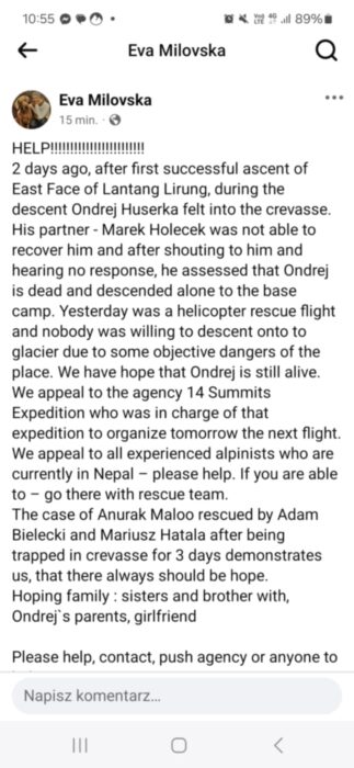 SOS message from Huserka's family to Adam Bielecki