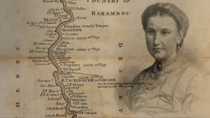 the face of a victorian woman superimposed of a map of the nile