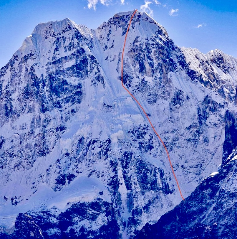 The recent first ascent Japanese route on the north face of 6,652m Pholesobi Peak.