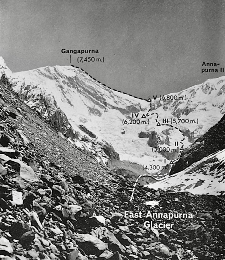 Gangapurna from the  south, showing the 1965 route.