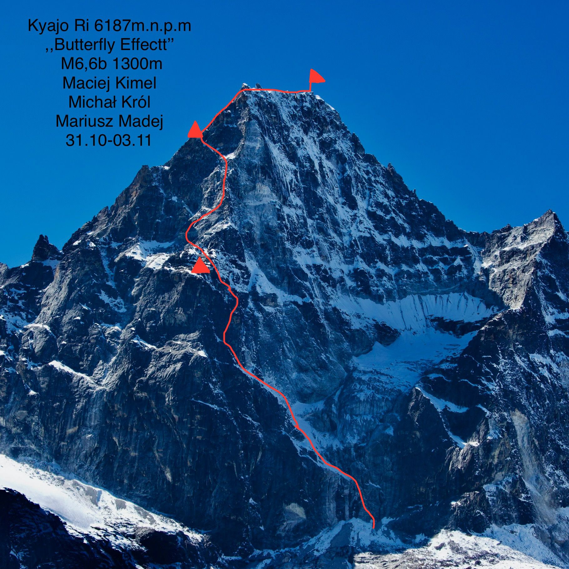 Ropo marked in red on a photo of the East and North faces of Kiajo Ri