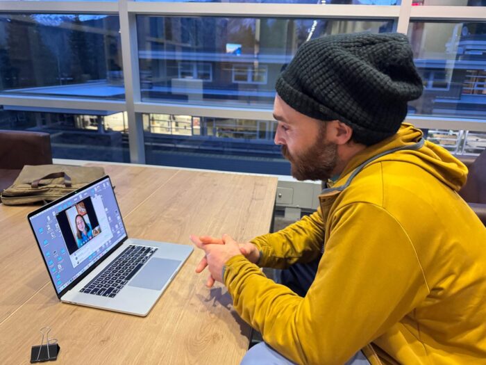 O'Driscoll looks to ExWeb's Angela Benavides on the screen during the interview at Banff Centre office.