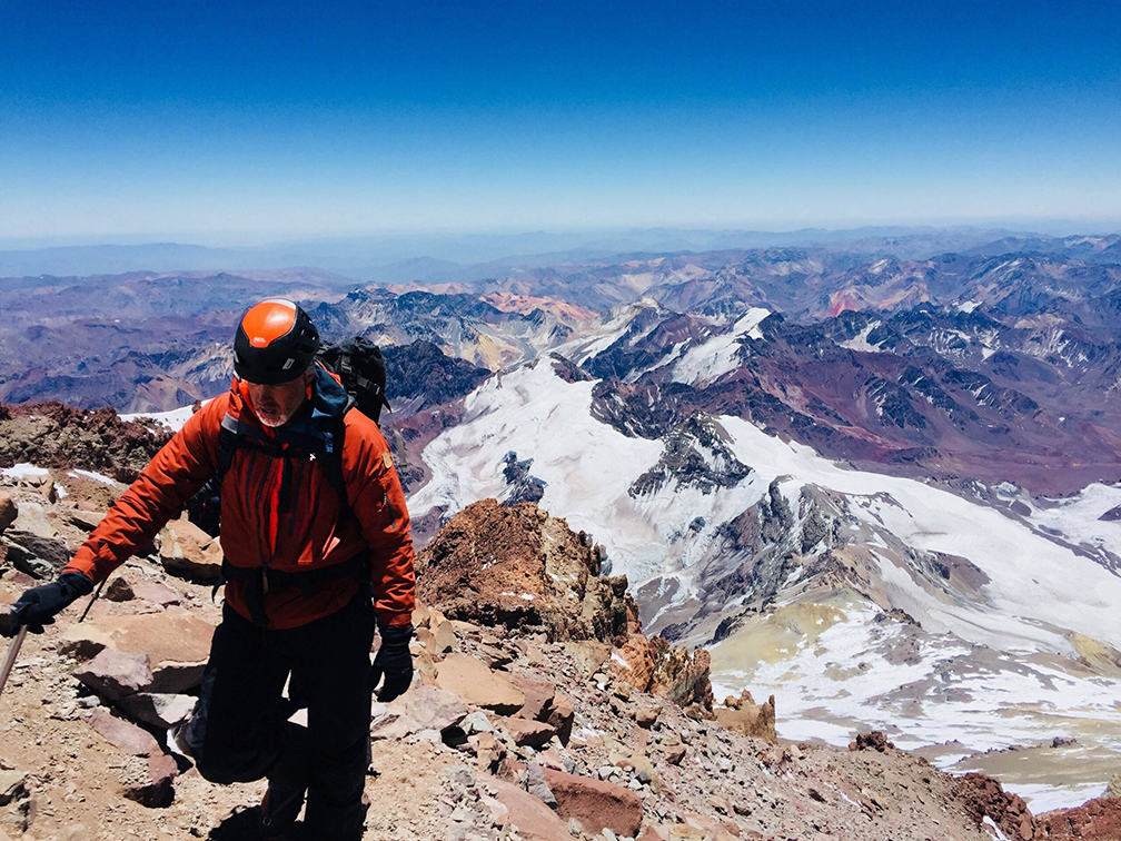 A climber on scree terrain on Aconcagua