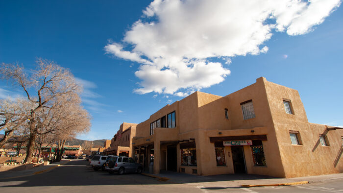 low adobe-style buildings