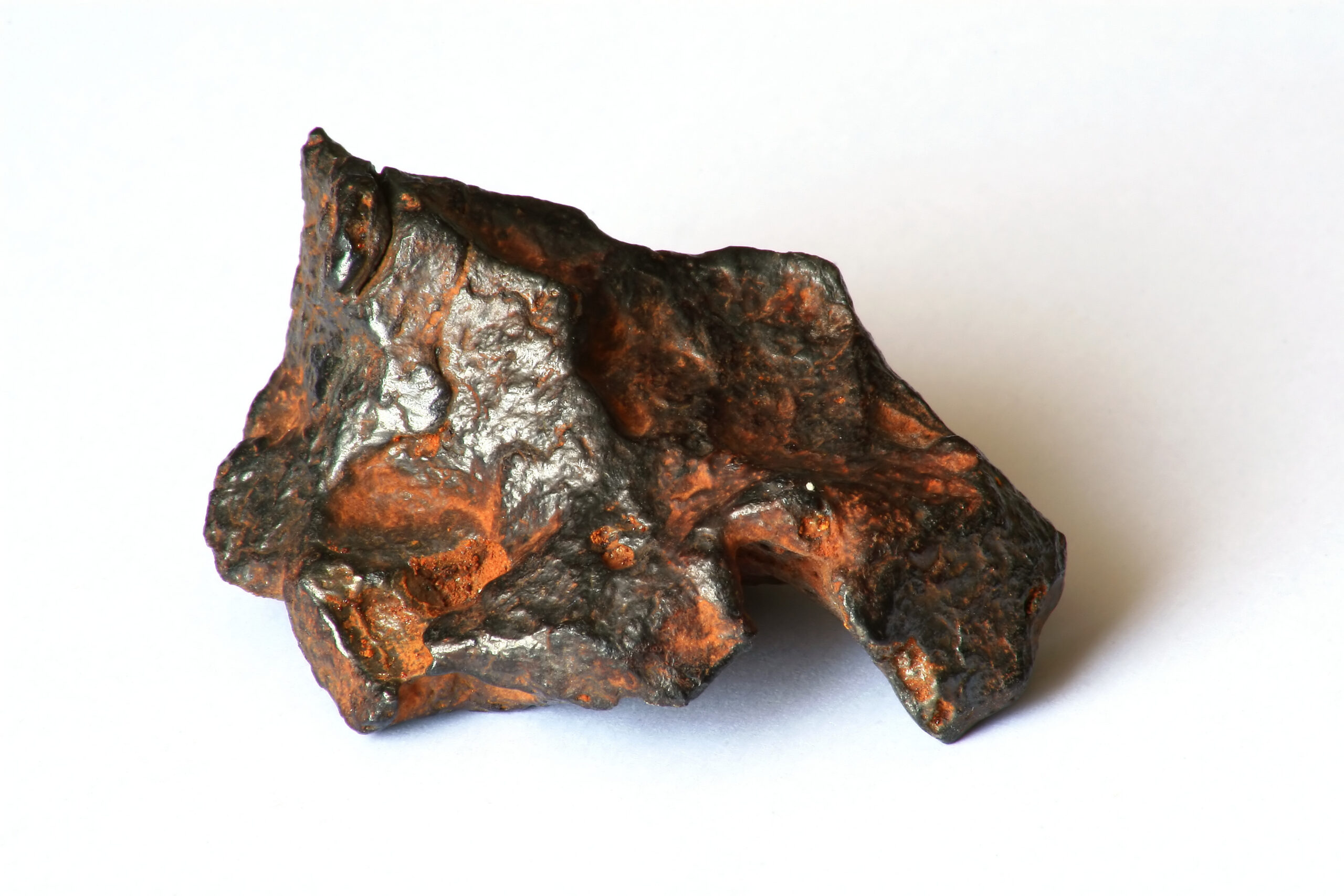 An iron meteorite on a white background