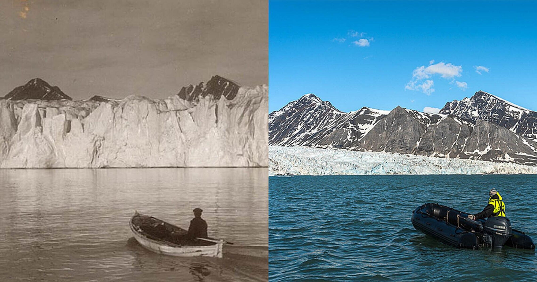 On the left, an older photo showing more ice than on the colour photo on the right.