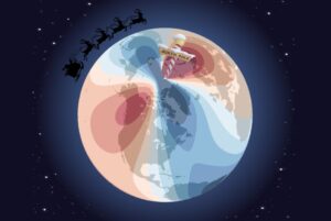 Magnetic declination (the angle between magnetic and geographic north) in 2025 according to WMM2025.