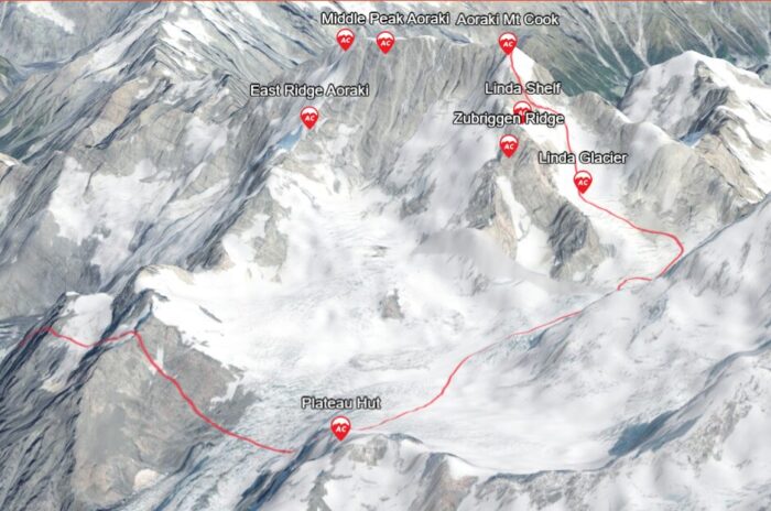 The Linda Glacier route on Mount Cook/Aoraki, marked on Google earth map by Adventure Consultants