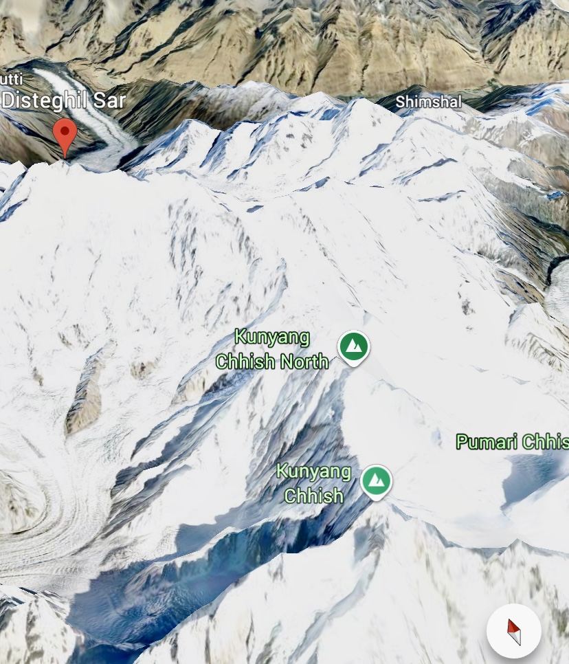 A capture from Google Earth, showing Kunyang Chhish, Disteghil Sar and Kunyang Chhish North.