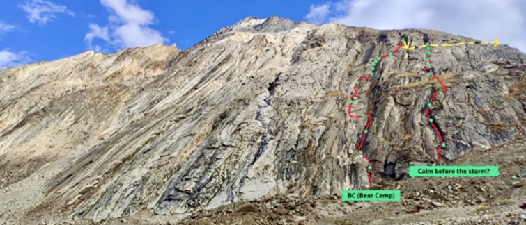 Two new routes by Ana Baumgartner and Ursa Kesar: "BC (Bear Camp)" and "Calm Before The Storm?" on the unnamed 5,332m Peak. 