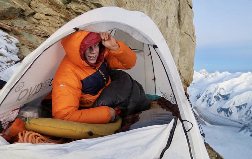 Tom Livingstone in the not very comfortable bivy at 7,500m.