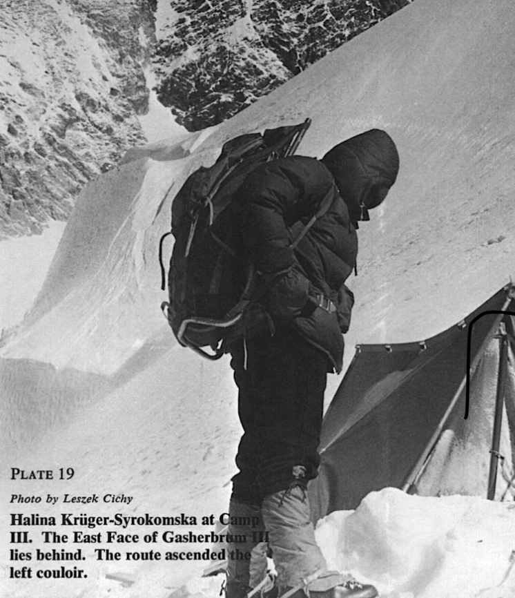 Halina Kruger-Syrokomska at Camp 3 of Gasherbrum II. The east face of Gasherbrum III lies behind.