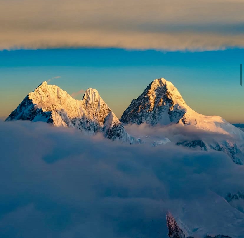 Broad Peak (left) and K2 (right) looking incredible from the bivy site at 7,600m on Gasherbrum III, during the attempt if Livingstone and Cesen in 2022.