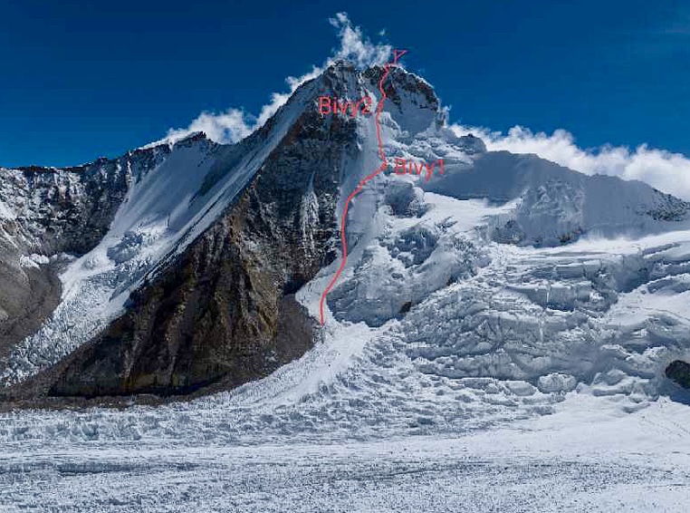 The route of the first ascent of Karjiang I, in August 2024.