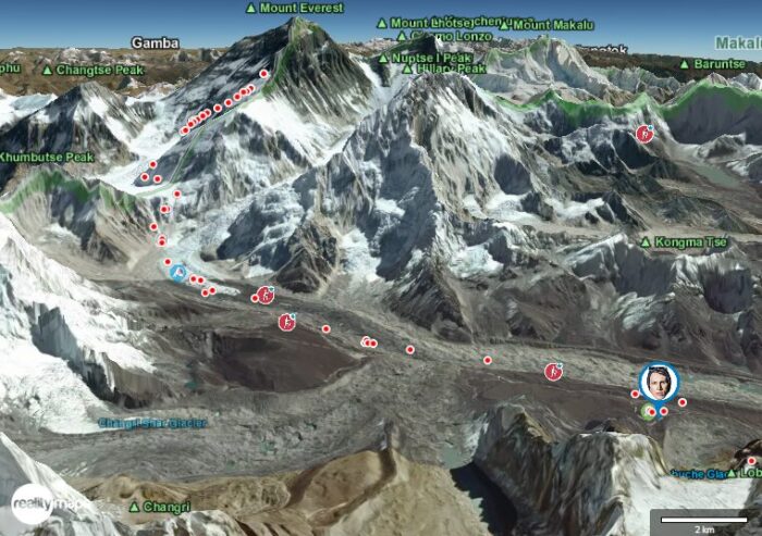 Kobusch's location on a 3D map of Everest