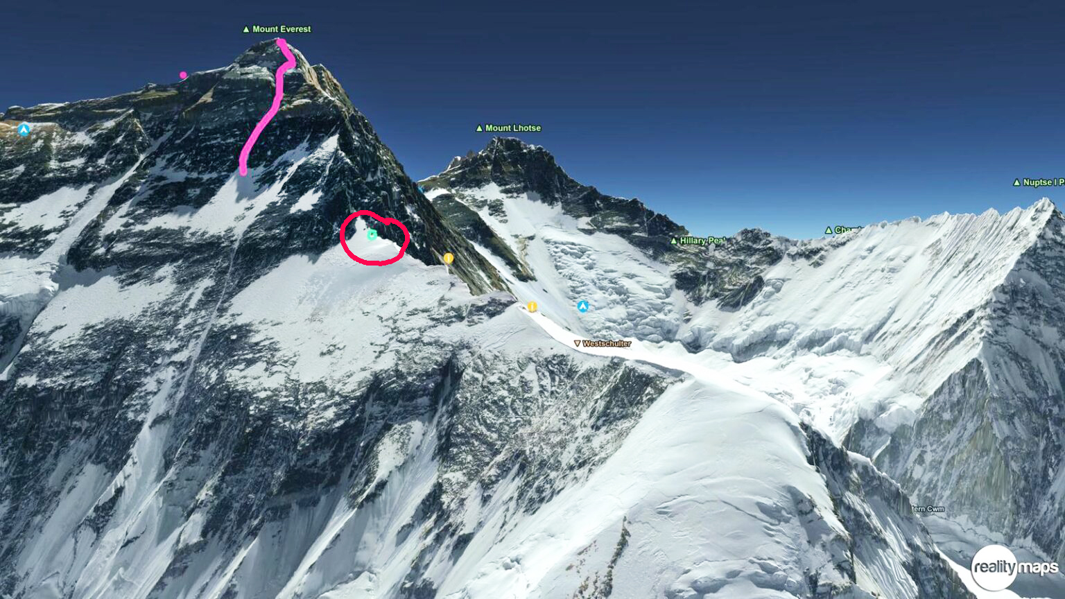 Kobusch's highest point reached on the west ridge of Everest, in green, on a 3D map.