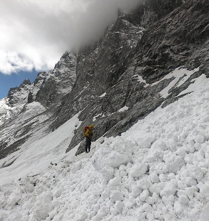 Fresh avalanche debris under the East Face of Langtang Lirung