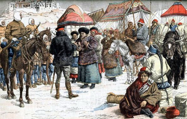 Illustration depicting explorers and Tibetans