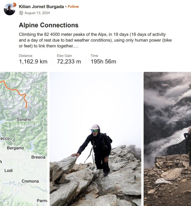 a screenshot of Jornet's Strava page describing his project