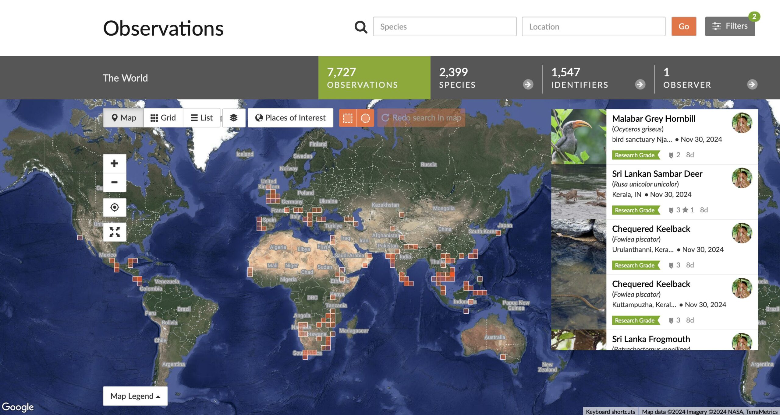 A map of the world on Inaturalist.