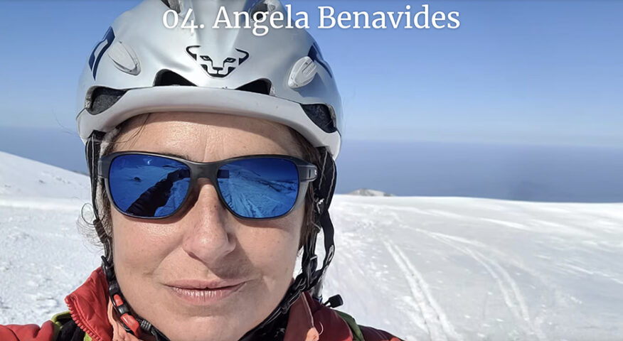 portrait of Angela Benavides in climbing helmet in snowy mountains