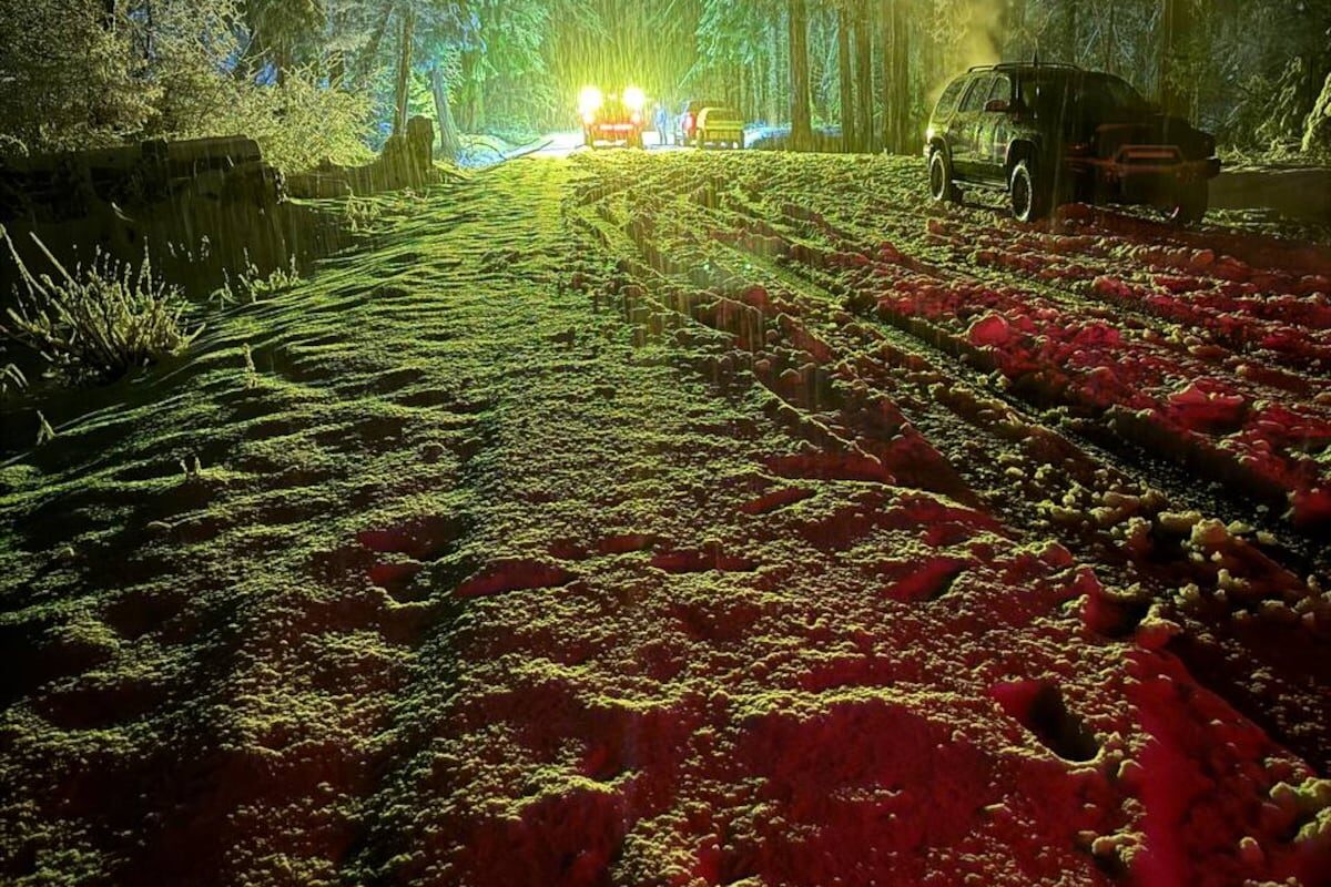 a snowy road at night, lit by searchlights