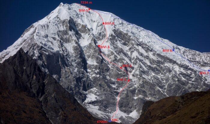 Topo of Holecek and Husherka new route on Langtang Lirung