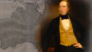 a portrait of a man laid over a map of australia