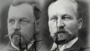 a composite image of two men with a wrecked ship overlayed