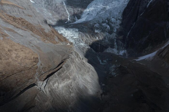 Blackened glaciers and broken icefall on Annapurna