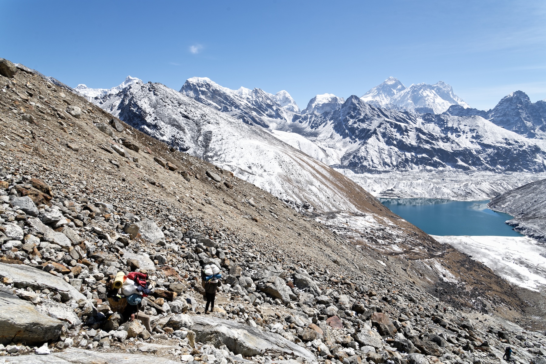 Porters ascending Renjo La, with Gokyo by the lake in the background.