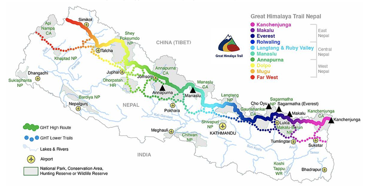 map of Nepal, showing the trail