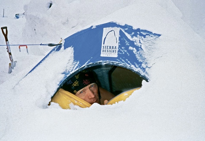 Anatoli Boukreev in a snow cave on the mountain.