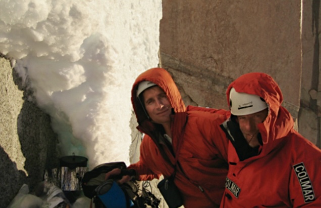 Rolando Garibotti (left) and Errmanno Salvaterra at the first bivouac on the route The Ark of Winds. 