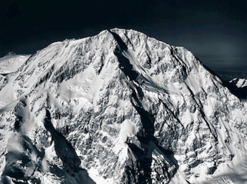 The Cassin Ridge on Denali, the major ridgeline in the center of the photo. 