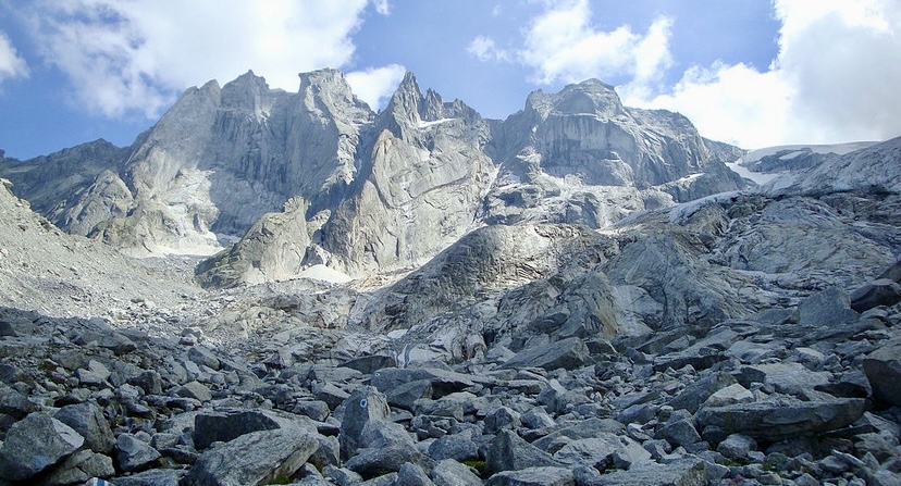 The Sciora group. From left to right: Sciora Dafora, Punta Pioda, Ago di Sciora (the needle), and Sciora Dadent.