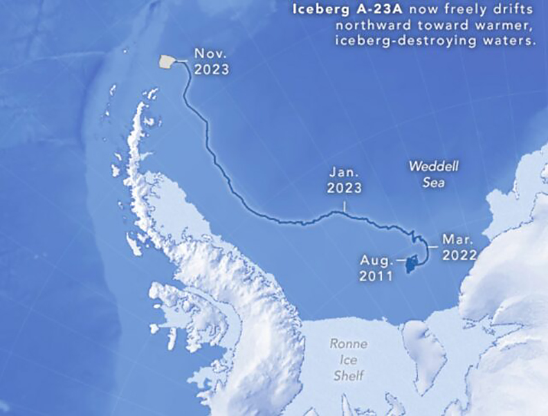 a map of A23a's journey