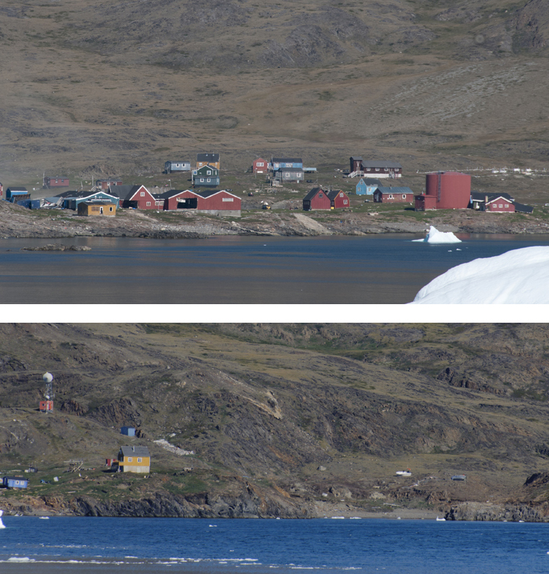 Nuggaatsiaq shortly after the tsunami. In the low photo, note the two boats that the wave flung partway up the hill. 