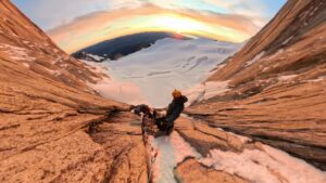 on a patagonian granite wall at sunset